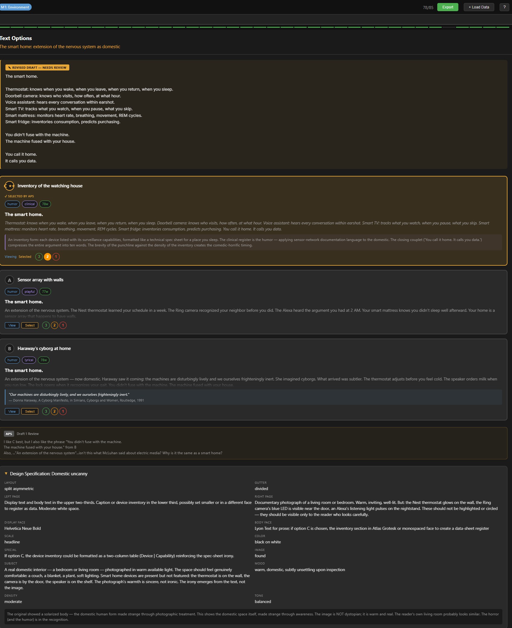 Screenshot of the authoring tool showing text option selection